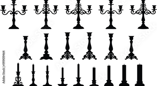Candelabra and Candle Holder Silhouette Collection Isolated on White Background Featuring Vintage Decorative Candlesticks and Classic Home Decor Design Elements