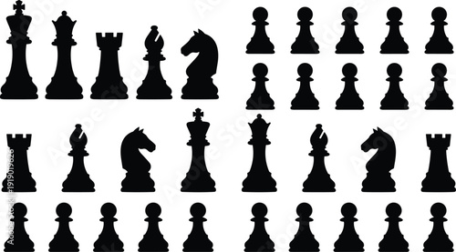 Chess Pieces Silhouette Collection Isolated on White Background Featuring King, Queen, Rook, Bishop, Knight and Pawn Strategy Board Game Set