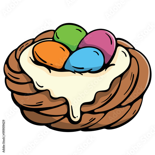 Vegan Easter nest cake with colorful candy eggs and white cream, hand drawn doodle icon of plant based spring pastry for holiday celebration, isolated vector.