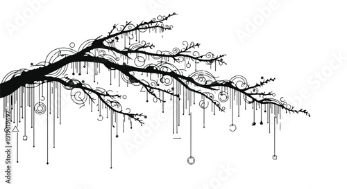 Elegant black tree branch adorned with delicate icy droplets and swirling patterns