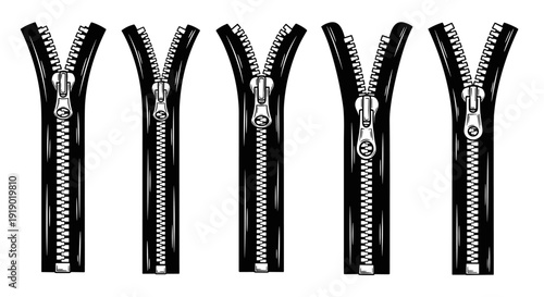 Set of five black and white zipper illustrations with varying degrees of closure.