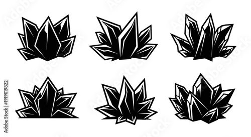 Set of Six Black and White Crystal Illustrations.