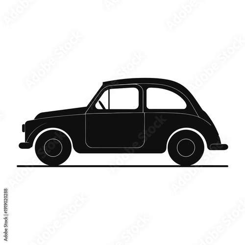 Black silhouette icon of a classic retro car with rounded shapes. Laconic vector illustration that conveys the aesthetics of vintage transport