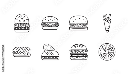 Hamburger and Fries Icon Set: Line Art Food Illustrations for Menus and Websites