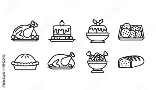 Holiday Food Icons Set: Roast Turkey Pie Cake Pudding Bread Cookies
