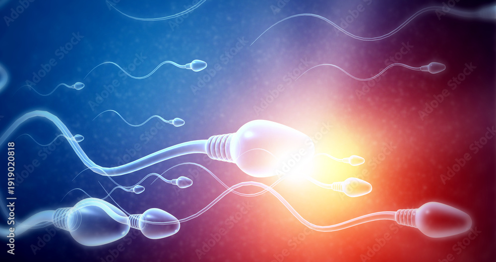 Εκτύπωση καμβά Microscopic view of multiple high-velocity human sperm cells swimming toward an egg against a deep blue gradient background