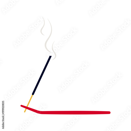 Burning incense stick on stand with smoke.