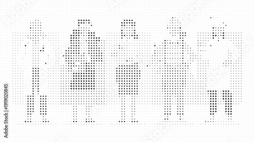 Digital Dot People: A captivating abstract illustration featuring a group of people, each formed by an arrangement of dots, symbolizing digital representation. 