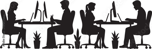 Silhouette of people working at office desks with computers and plants
