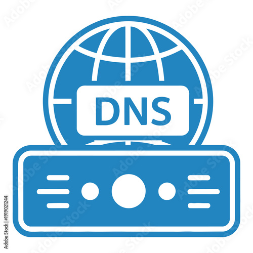 Blue DNS server icon with globe and computer hardware  network concept icon
