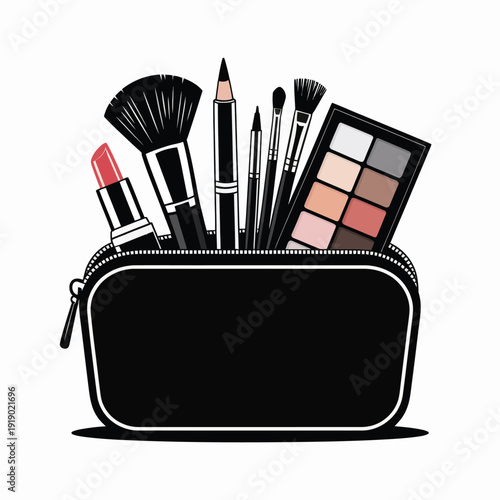 Vector illustration of makeup bag with cosmetics and brushes isolated on white background