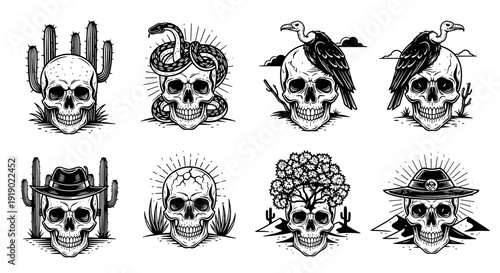 Collection of Eight Unique Skull Illustrations with Western and Nature Themes.