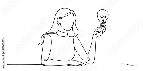 Continuous line drawing of a woman holding a light bulb representing a creative idea or innovation.
