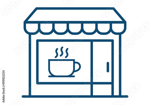 Icono de una cafetería con un toldo y una taza de café humeante en el escaparate