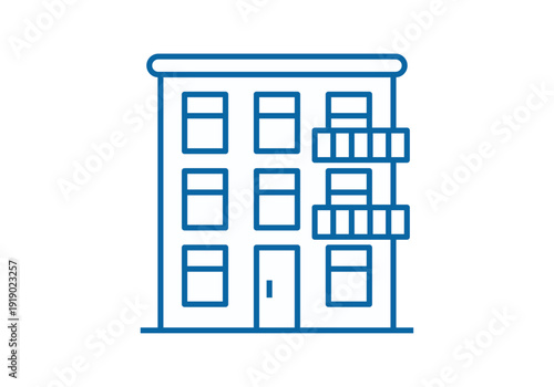 Icono de edificio de apartamentos residencial con balcones en trazo lineal azul