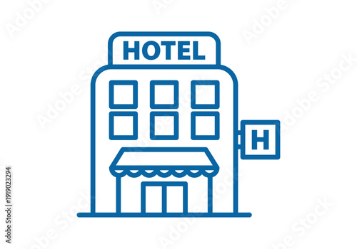 Icono de hotel con letrero y toldo en contorno azul