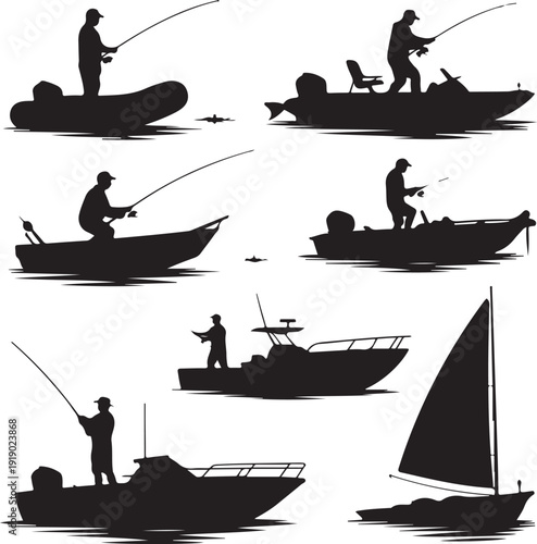 Silhouettes of people fishing on boats in various poses on water