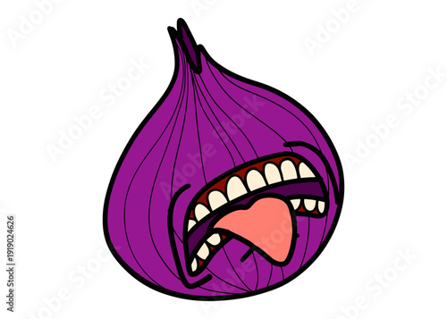 Red onion monster with disgusted expression