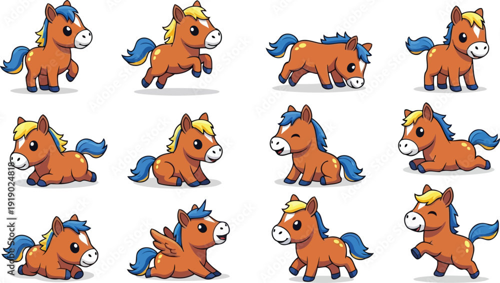 Fototapeta premium Flat vector cute brown cartoon pony character collection