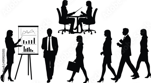 Business professionals silhouettes corporate meeting, office teamwork illustration, presentation flip chart design, workplace diversity activity, career role sequence, professional attire