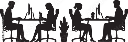 Silhouettes of people working at office desks with computers and plant