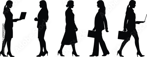 Businesswomen silhouettes professional attire, office career illustration, workplace diversity poses, laptop briefcase activity, corporate teamwork sequence, modern business role