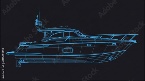 Detailed vehicle autocad blueprint design of a luxury yacht on a black background from a side viewpoint