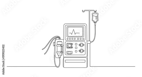 Medical Dialysis Machine with IV Bag - Single Line Drawing Art