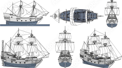 Detailed vehicle autocad blueprint of a sailing ship from various viewpoints and angles