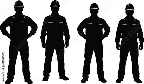 lhouette construction workers wearing hard hats, industrial labor posture, teamwork illustration, safety gear, professional site activity, black and white design