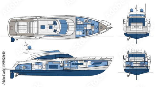 Detailed vehicle autocad blueprint of a luxury yacht viewed from multiple angles including top, side, and front perspectives in a technical illustration
