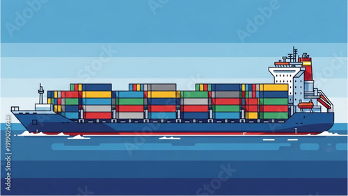 Cargo ship carrying colorful containers across ocean with vehicle autocad blueprint on deck in a detailed illustration
