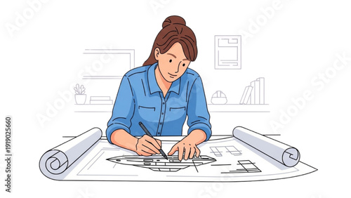 Woman creating detailed vehicle autocad blueprint on large paper with pencil and ruler