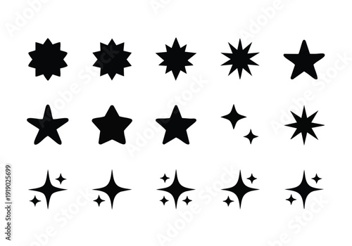 Black Star and Sparkle Icons Set. Graphic Elements. Minimalist Silhouette Shapes. Vector Design.