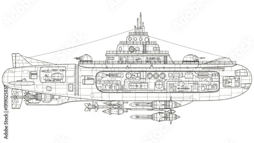 Detailed vehicle autocad blueprint of a futuristic submarine design viewed from the side