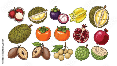 Exotic Fruit Medley: A vibrant collection of exotic fruits, each bursting with unique textures and flavors, presents a visual feast of natural goodness.