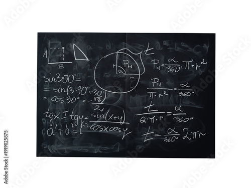 Complex mathematical equations including trigonometry, geometry, and algebra derivations written in white chalk on a dark chalkboard surface on transparent background