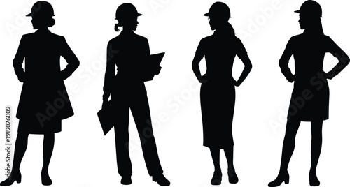Silhouette construction professionals with hard hats, clipboard, planning role, diversity in workforce, industrial engineering illustration, black and white design