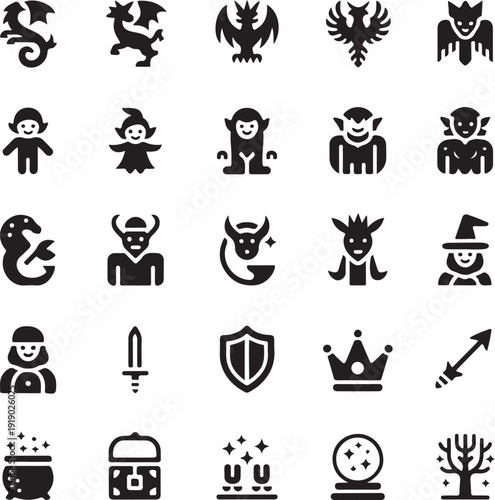 Black silhouette icons of fantasy and mythological creatures and magic symbols