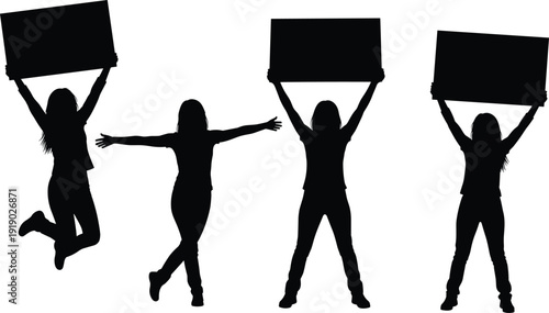 Silhouettes of people holding blank signs, protest illustration, customizable message design, activism pose sequence, demonstration activity, social communication artwork