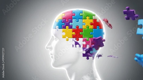 Wallpaper Mural A person's head with a colorful puzzle being solved, showcasing pieces fitting into place, symbolizing creativity and problem-solving, as seen from the side in a close-up view Torontodigital.ca