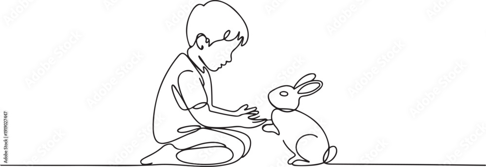 Fototapeta premium Single one line drawing the boy sitting cross legged and playing with rabbit. Train a rabbit to perform in the circus. Pets. National Kids and Pets Day. one line Icon drawing
