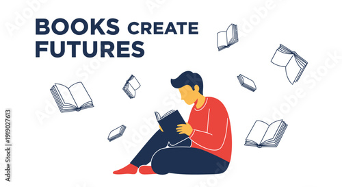 Vector illustration of a man reading a book with floating books around him, symbolizing education and knowledge.