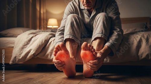 Foot pain Mature man feeling pain in feet after waking up in his bed.
