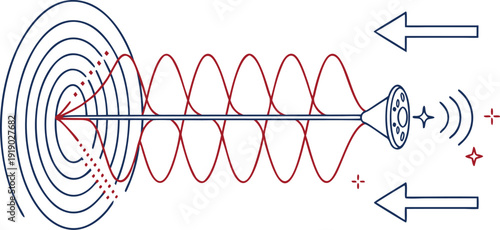 Abstract technical drawing showing concentric signal rings, oscillating red waveforms, and directional arrows for communication.