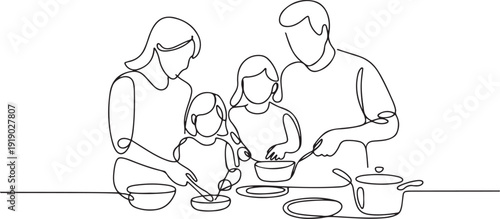 Continuous one line drawing happy family mom, dad, little daughter and son are cooking food in kitchen together, kitchenware, crockery, house, home. one line Icon drawing