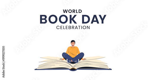World Book Day Celebration vector illustration, a man sitting on an open book, symbolizing reading and literature.