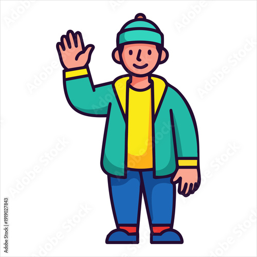 Illustration of a smiling person waving their hand in a friendly greeting gesture