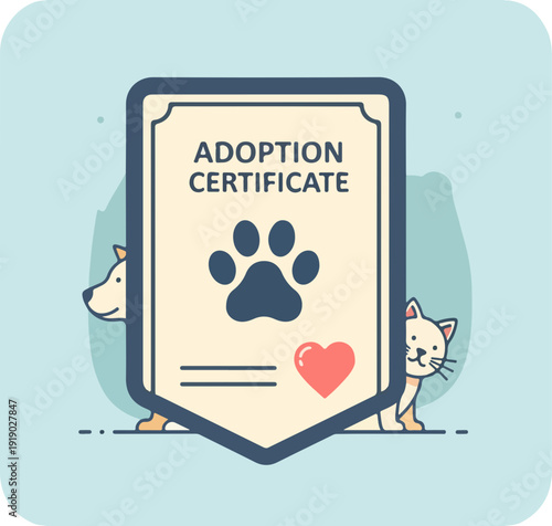 Adoption certificate with paw print and heart for pet adoption animal shelter or veterinary clinic symbolizing love and care
