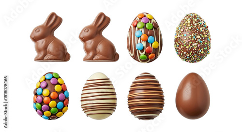 Easter chocolate bunny and eggs isolated on transparent background
